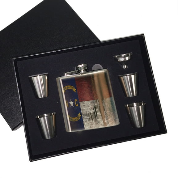 KuzmarK 6 oz. Stainless Steel Flask Set in Black Presentation Box -  North Carolina