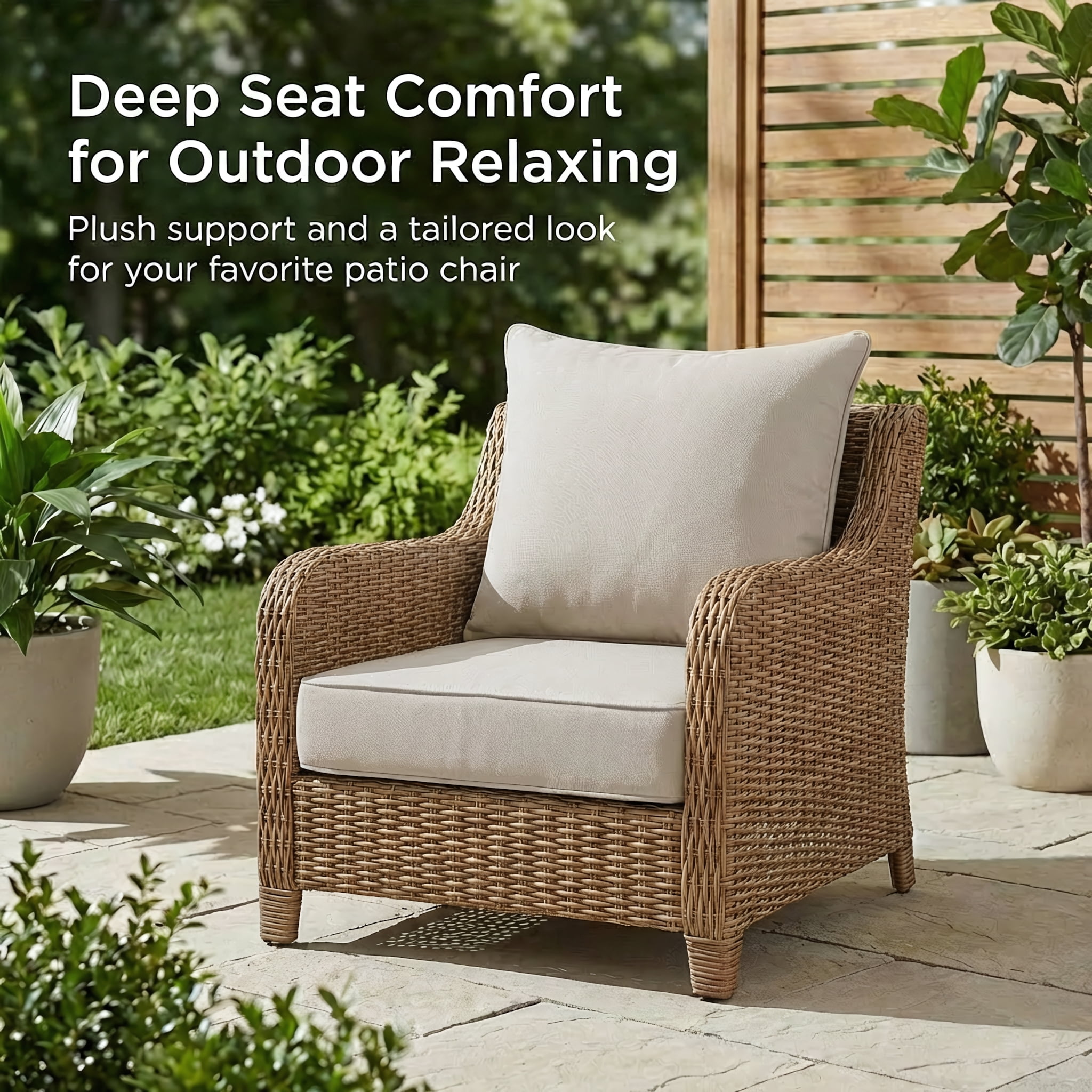 24 x 24 in Outdoor Olefin Patio Cushion Set with Back Pillow, 6 in Thick, Water- and Fade-Resistant, Beige