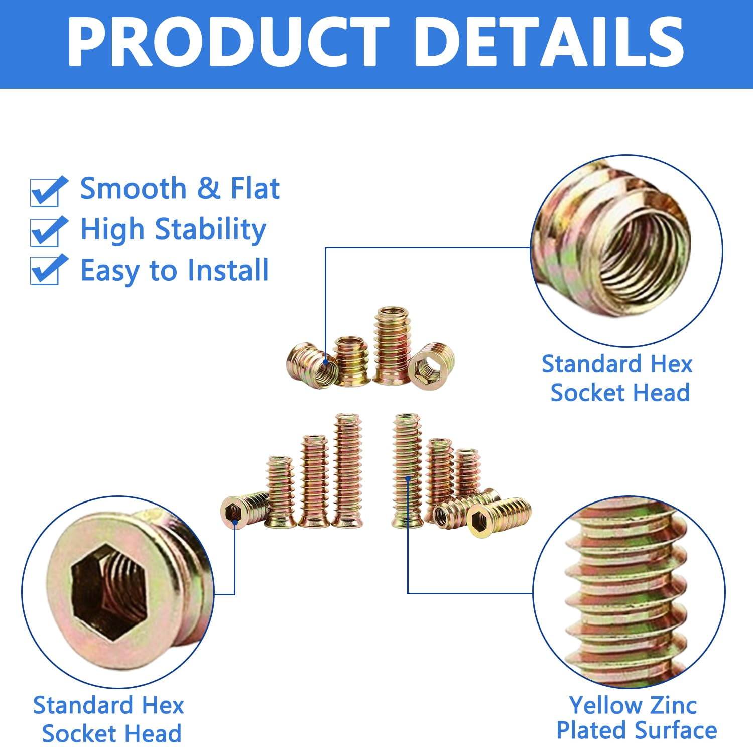 170 PCS Threaded Inserts Nuts, 10 Sizes-1/4-20, 5/16"-18, 3/8"-16 Wood Inserts Assortment Kit, Steel Threaded Inserts for Wood Furniture Screw Threaded Inserts Kit with 3 PCS Hex Wrench
