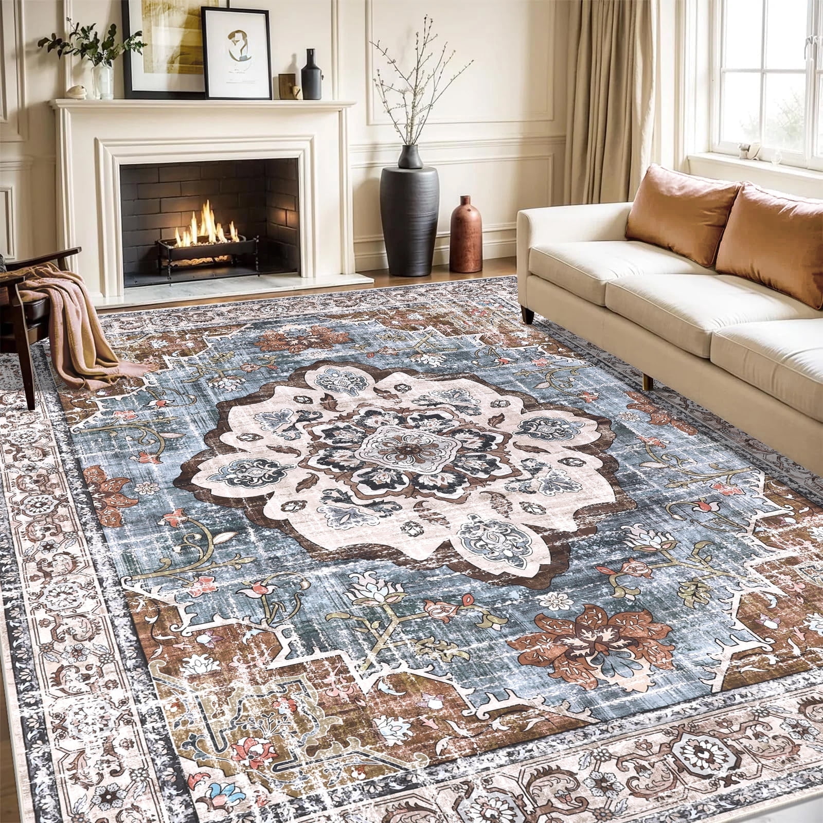 MJIAexp 8'x10' Vintage Boho Area Rug Washable Area Rug for Living Room Non-Slip Distressed Accent Rug Faux Wool Bedroom Rug Floor Carpet for Dining Room Bedroom Kitchen Entryway Office Dark Blue