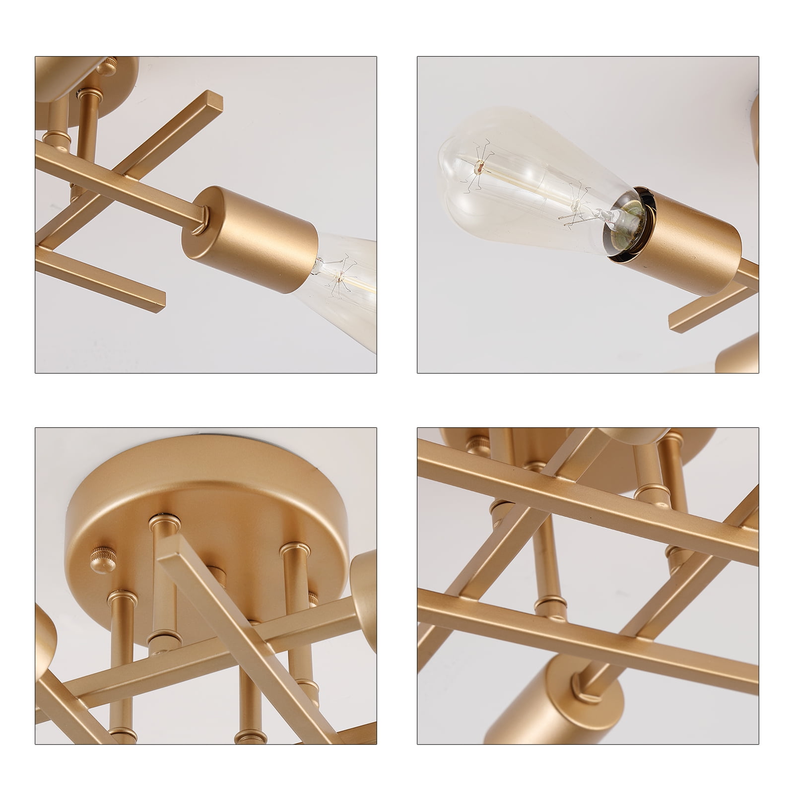 Q&S,Gold Finish,Sputnik Chandelier 4-Light Ceiling Light Semi Flush Mount for Bedroom Living Room