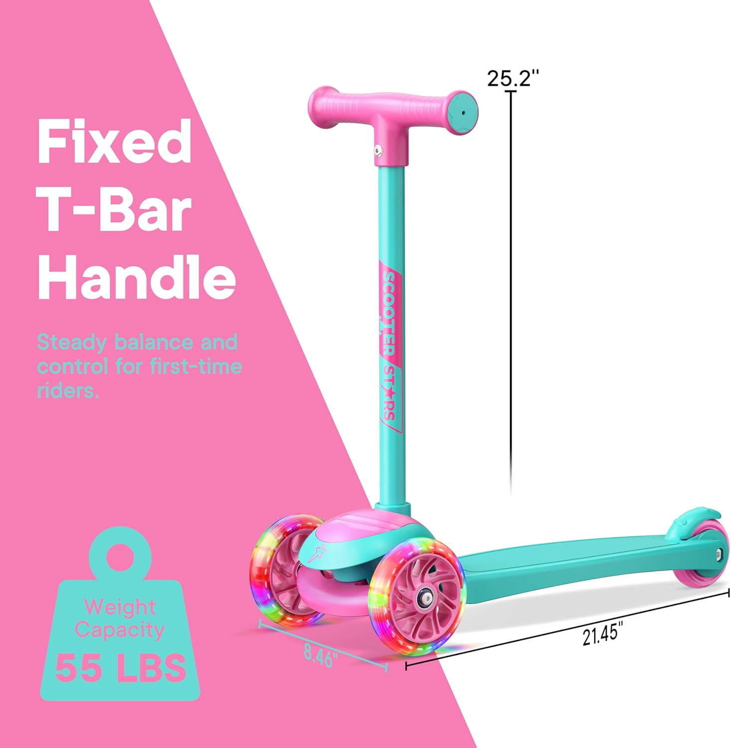 Scooter Stars 3-Wheel Kids Scooter with Light-Up LED Front Wheels, Wide Anti-Slip Deck, Rear Foot Brake, Lean-to-Steer Ride-On Toy