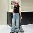 thumbnail image 5 of Kids Girls' Fashion Jeans Elastic High Waist Wide Leg Pants Trousers Cute Clothes for Toddler Girls 3-4 Years, 5 of 7