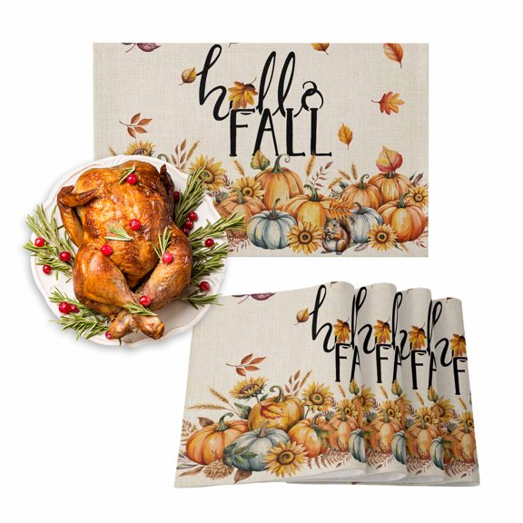 Fall Placemats Set of 6 Hello Fall Pumpkin Place Mats Thanksgiving Placemat Sunflower Fallen Maple Leaf Linen Table Mats for Dining Kitchen Table Holiday Dinner Party Home Fall Decorations 13x19