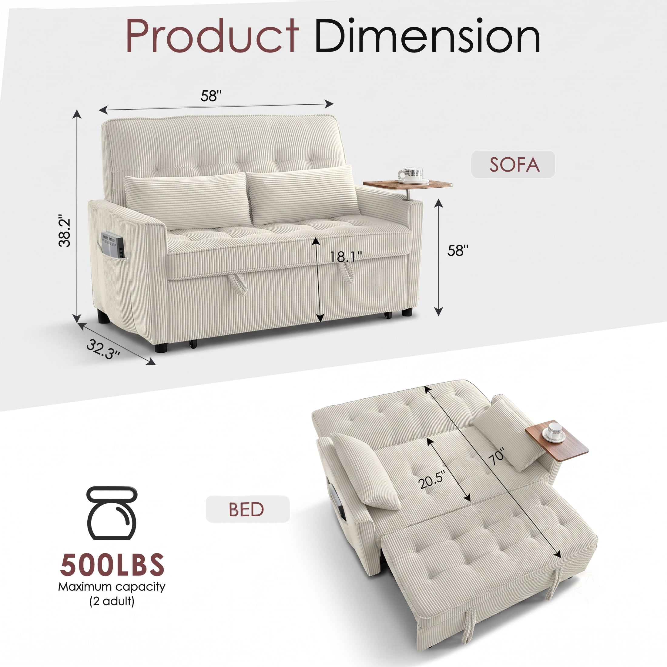 avobird 54'' 3 in 1 Pull Out Sofa Bed, Convertible Couch with Adjustable Backrest/Side Pockets/USB Charging Ports, Sleeper Sofa with small table for Living Room, Beige