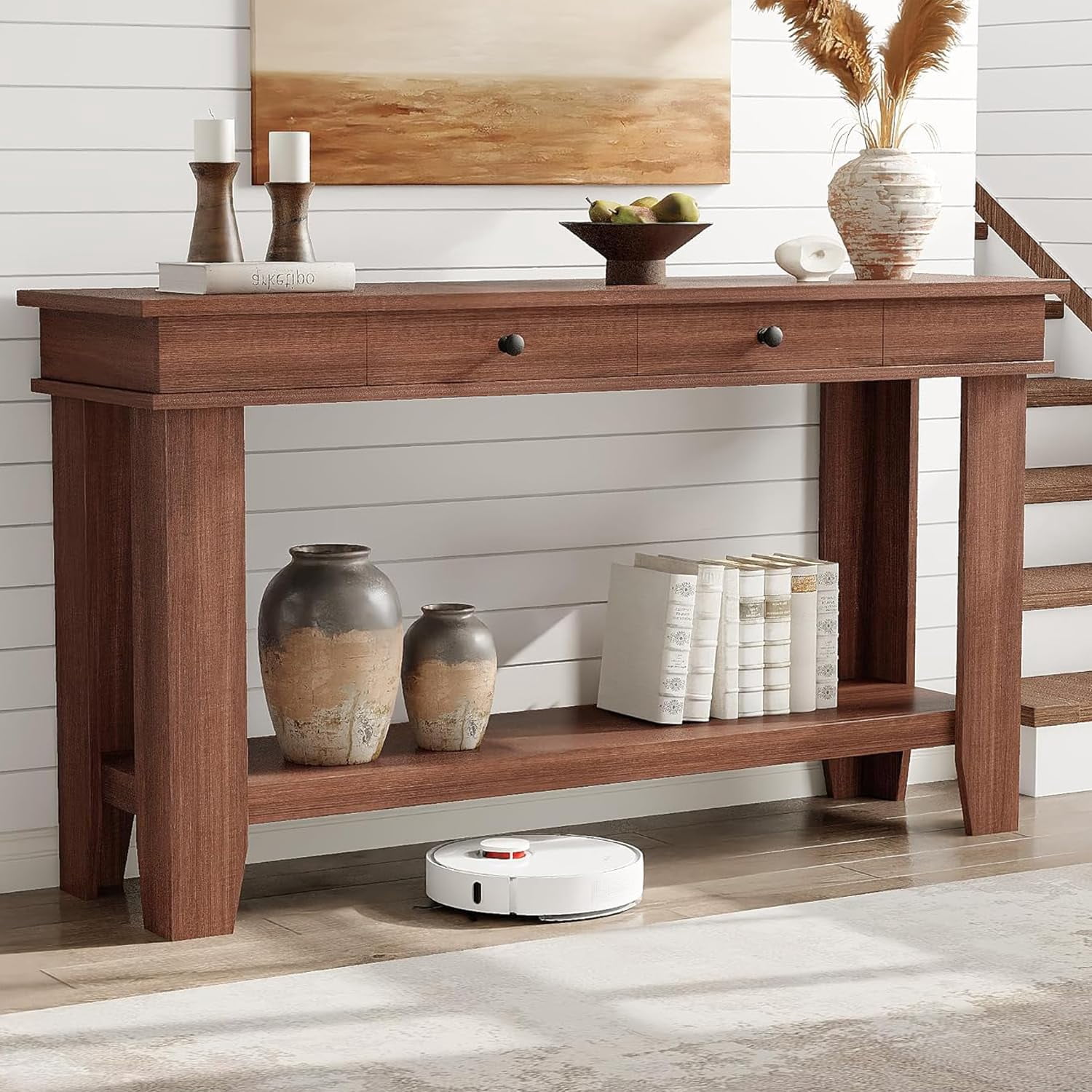 Farmhouse Entryway Console Table with Storage – 54" Wooden Sofa Table, 2 Drawers & 2 Open Shelves – Rustic Brown, Gray or Brown & White Finish – Durable, Stylish Storage for Living Room, Hallway