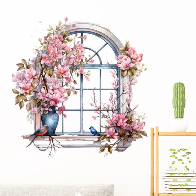 Adhesivos de pared con flores para ventanas, acuarela, pájaros en flor