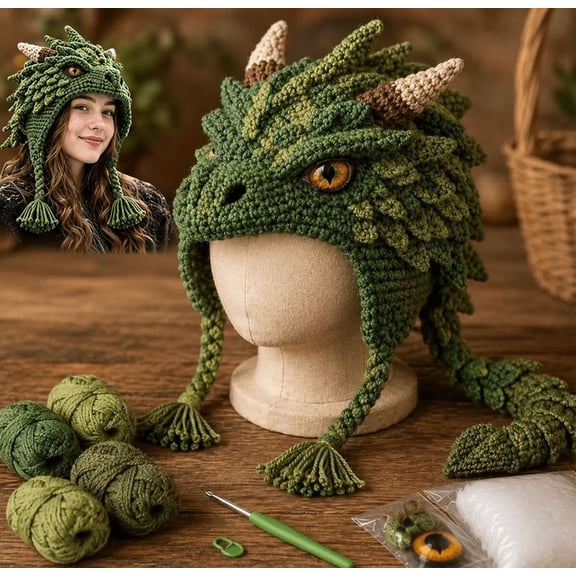 Fantasy Hood Hat DIY Crochet Kit Series, Beginner Friendly Animal Hood Crochet Set, Full Yarn Hook Supplies, Illustrated Tutorial Guide, Relax Handcraft Hobby & Gift for Adults,Dragon