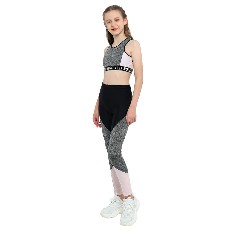 Aislor Kids Girls Two Piece Athletic Outfit Sports Bra Crop Top with Yoga  Leggings Gymnastics Dance Set Size 4-16 A Blue 6 