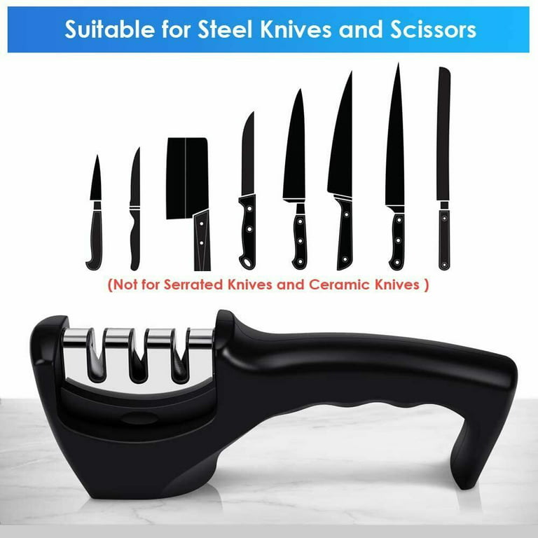 MDHAND Knife Sharpener, Kitchen Knife Sharpener 3-Stage Knife Sharpening  System,for Straight and Serrated Knives and Scissors，Non-slip Base Kitchen  Knife Sharpener, Easy to Use, Black 