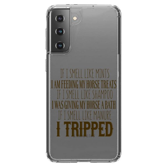 DistinctInk Clear Shockproof Hybrid Case for Galaxy S21 5G (6.2" Screen) - TPU Bumper Acrylic Back Tempered Glass Screen Protector - Smell Like Horse Treats, Shampoo, Manure