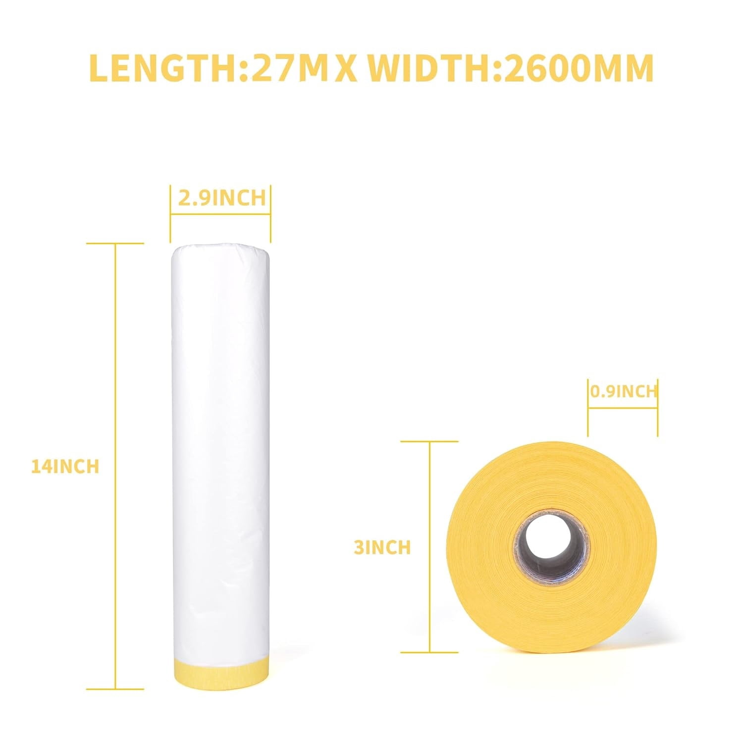 Pre-Taped Masking Film, Tape and Drape, Plastic Sheeting Roll, Automotive Painters Masking Tape Film, Plastic Sheeting Cover for Appliance and Furniture, 9feet X 90feet, 2600mmx 27m,3Rolls