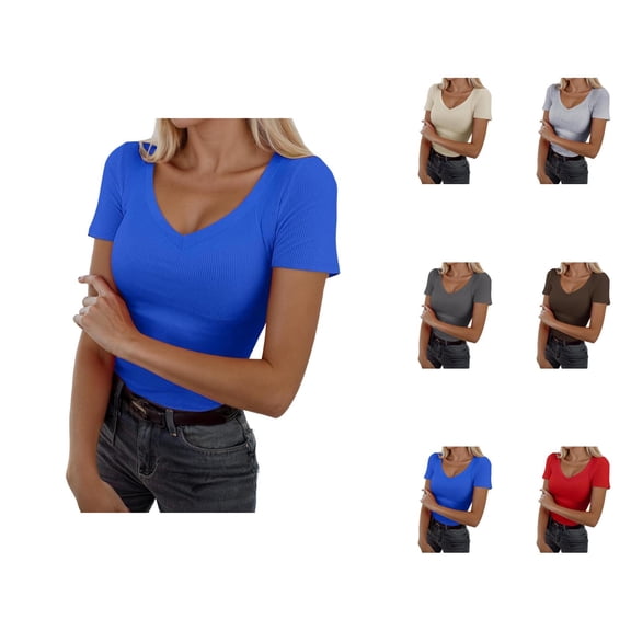 Basic Plain T Shirts for Women Summer Casual Short Sleeve Slim Fit V Neck Ribbed Knit Fitted Tshirts Tunic Top