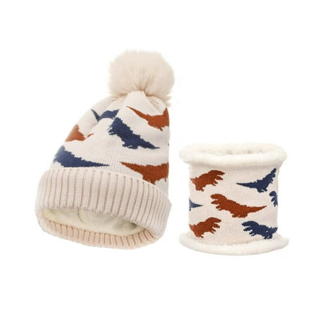

Mnjin Baseball Caps Winter New Children S Knitted Hat Bib Two Piece Jacquard Dinosaur Flannel Hat Flannel Warm Suit Beanies For Winter Beige