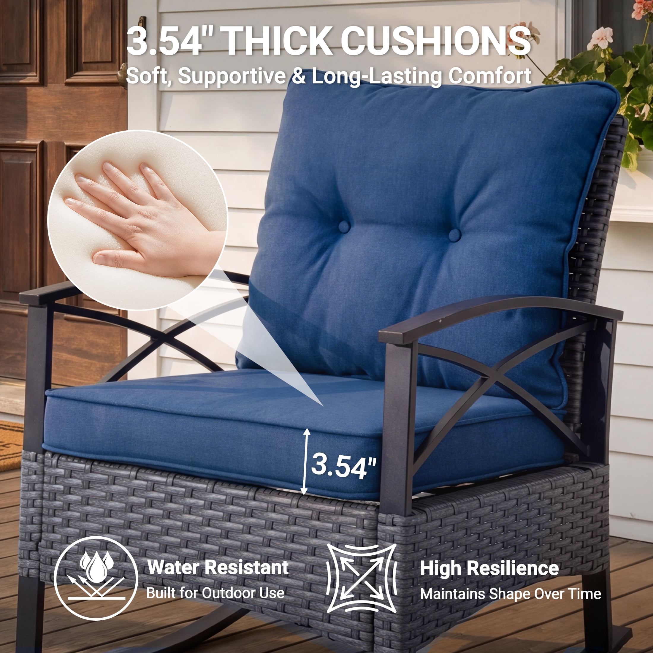 3 Pieces Patio Outdoor Conversation Set, Patio Furniture Bistro Set with 2-Tier Coffee Table, PE Wicker Rocking Chairs with Blue Cushions for for Backyard Porch Poolside
