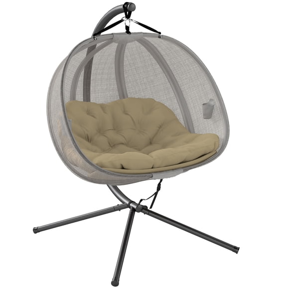 Outsunny Double Egg Chair with Stand, Hanging Swing Egg Chair, Khaki