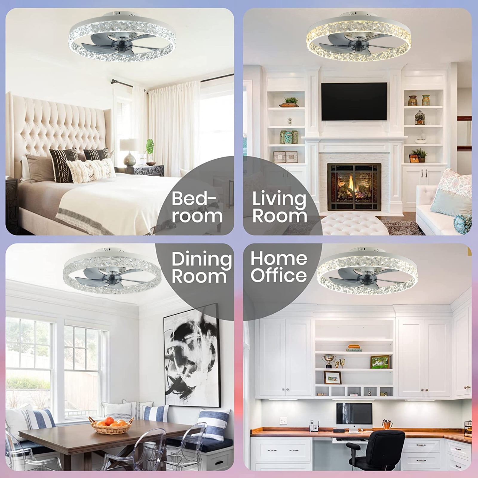 JLPAN Modern Ceiling Fans with Lights and Remote, 20" Dimmable Low Profile Ceiling Fan, Flush Mount Bladeless Ceiling Fan, Stepless Color Temperature Change and 6 Speeds,White