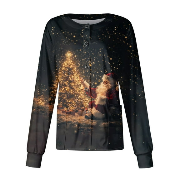 Hearthz Lightweight Scrub Jacket for Women Christmas Long Sleeve Nurse Working Uniforms Snap Front Warm Up Womens Scrubs with Pockets