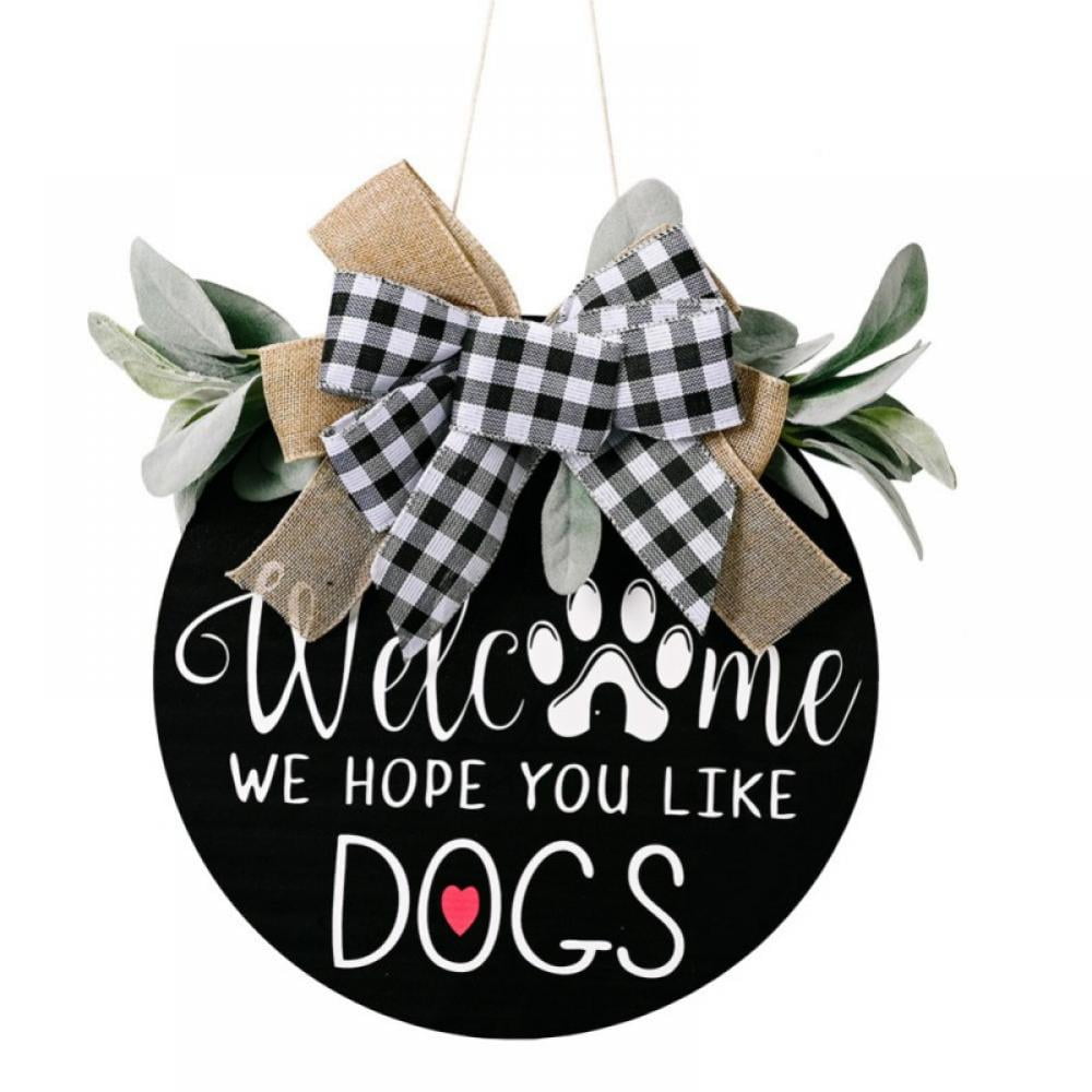 We Hope You Like Dogs Wooden Welcome Wreath Sign Farmhouse Door Hanger Sign Front Door Decor for Dogs Lovers Housewarming Gift Welcome Sign for Front Door with Eucalyptus Leaves & Vibrant Bow