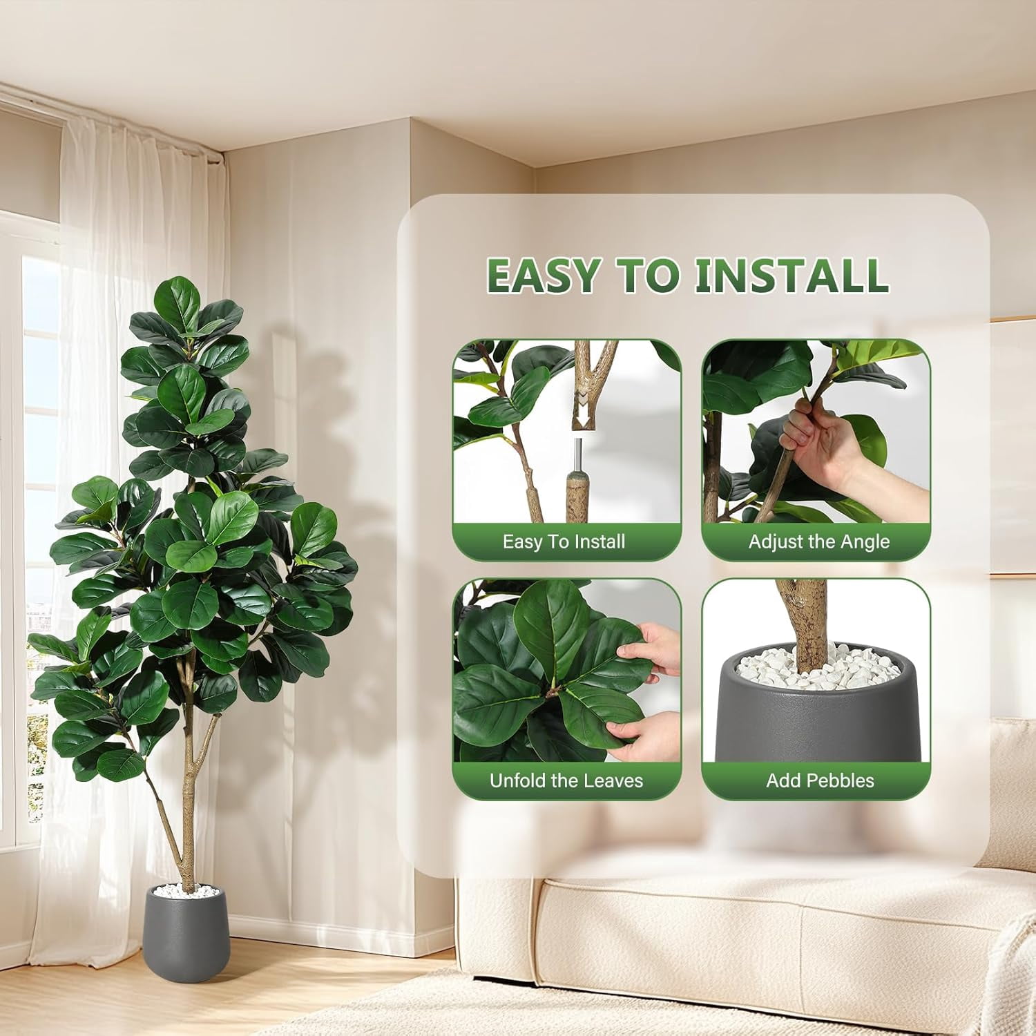6 ft Fiddle Leaf Fig Tree Artificial with 108 Leaves - Realistic Faux Ficus Lyrata Trees in 9 in Grey Planter Pot, Indoor Fake Floor Plants for Home Office Living Room Decor, Housewarming Gift