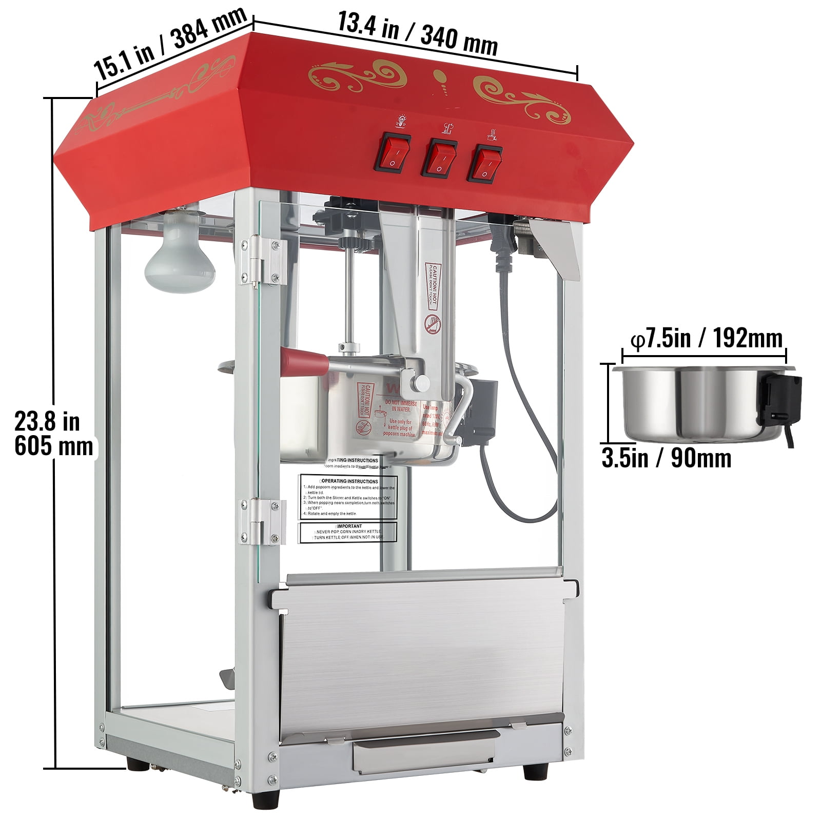 VEVOR Popcorn Popper Machine 12 Oz Countertop Popcorn Maker 1440W 80 Cups  Red