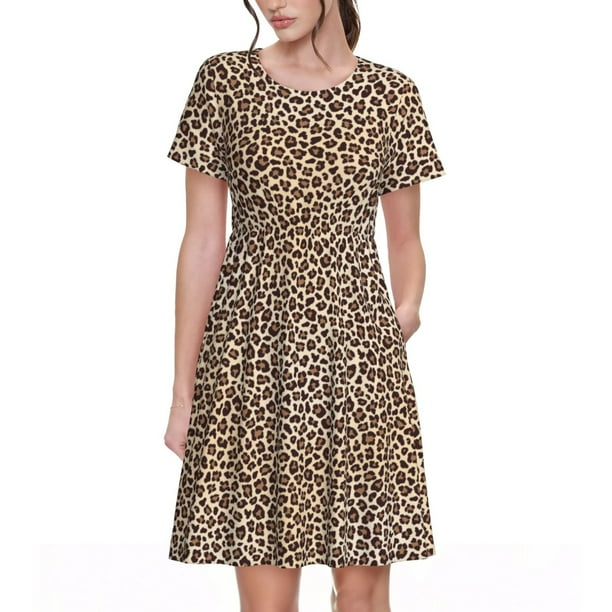 Fotbe Leopard Print-2 Vestido Largo de Moda para Mujer, Vestido Tipo Camiseta con Manga Corta y Estilo Casual a Rayas y Bloques de Color