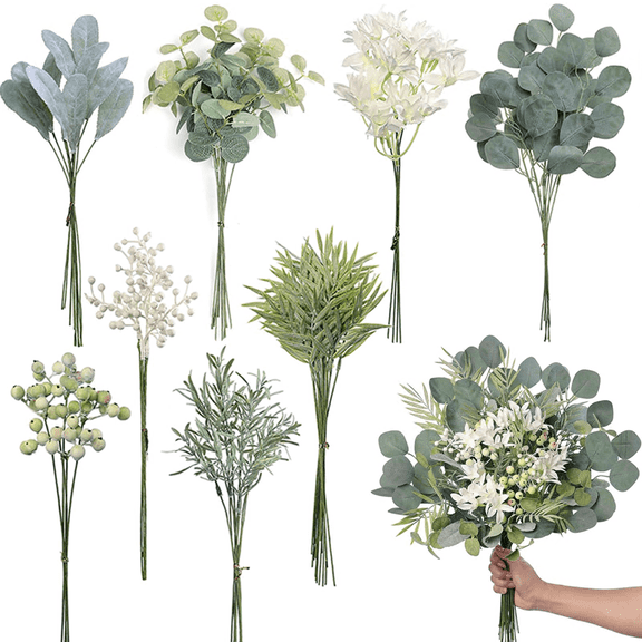 75 Pcs Artificial Greenery Stems Box Set, with 8 Kinds of Faux Plants and Fake Flowers for DIY Bridal Bouquets Wedding Floral Arrangement Table Decor