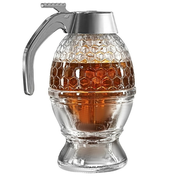 Plastic Honey Dispenser, No Drip Syrup Jar Pot, 6.8 fl oz / 200 ml Honey Comb Shaped Pot, Chrome Plated Handle Syrup/Juice Dispenser for Kitchen, Transparent