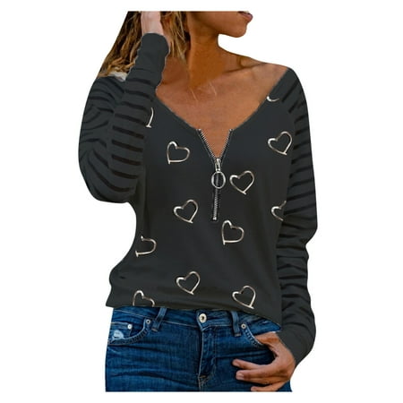 

Women s Fashion Heart Print V-Neck Plus Size Long-Sleeve Tops Blouse black long sleeve shirt women corset tops for women Black L