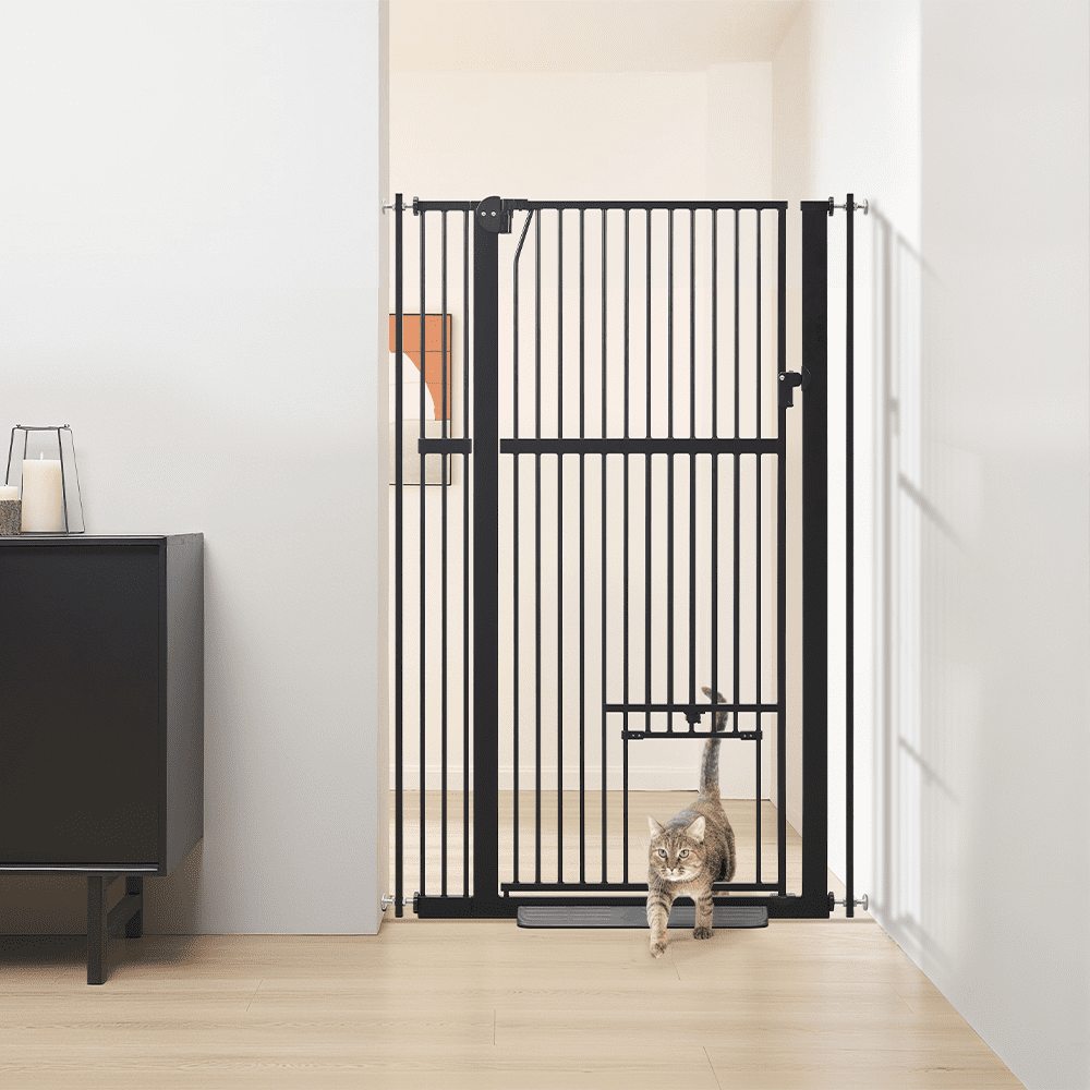 unipaws 56" Tall Baby Gate with Cat Door, 31-37" Wide Pressure Mounted Dog Gate for Stair Doorway, Walk Through Pet Gate, Black