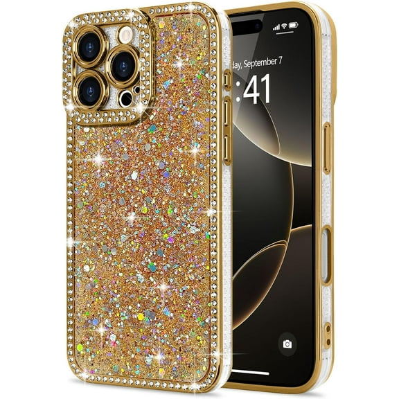 for iPhone 16 Pro Max Case Glitter, Luxury Shiny Bling Sparkly Bumper Cover with Crystal Diamonds for Women Girls Soft Slim Shockproof Protective Phon