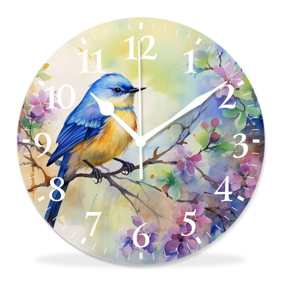 10 Inch Wall Clock Battery Operated Silent Clock Decorative for Office, Kitchen, Outdoor, Living Room,Watercolor Bird Cornflower Flower Nature Floral Pattern Image