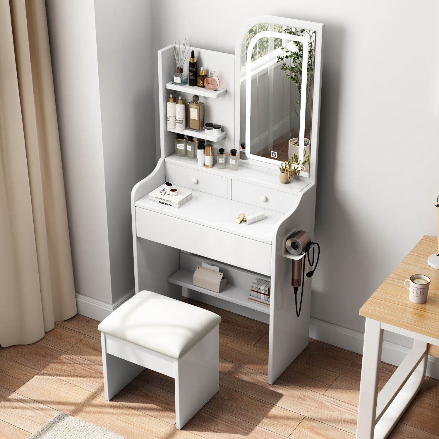 Asteroutdoor Vanity Desk with Mirror and Lights for Makeup with Hair Dryer Holder and Chair, 3 Color Lighting Brightness Adjustable, 3 Drawers, White