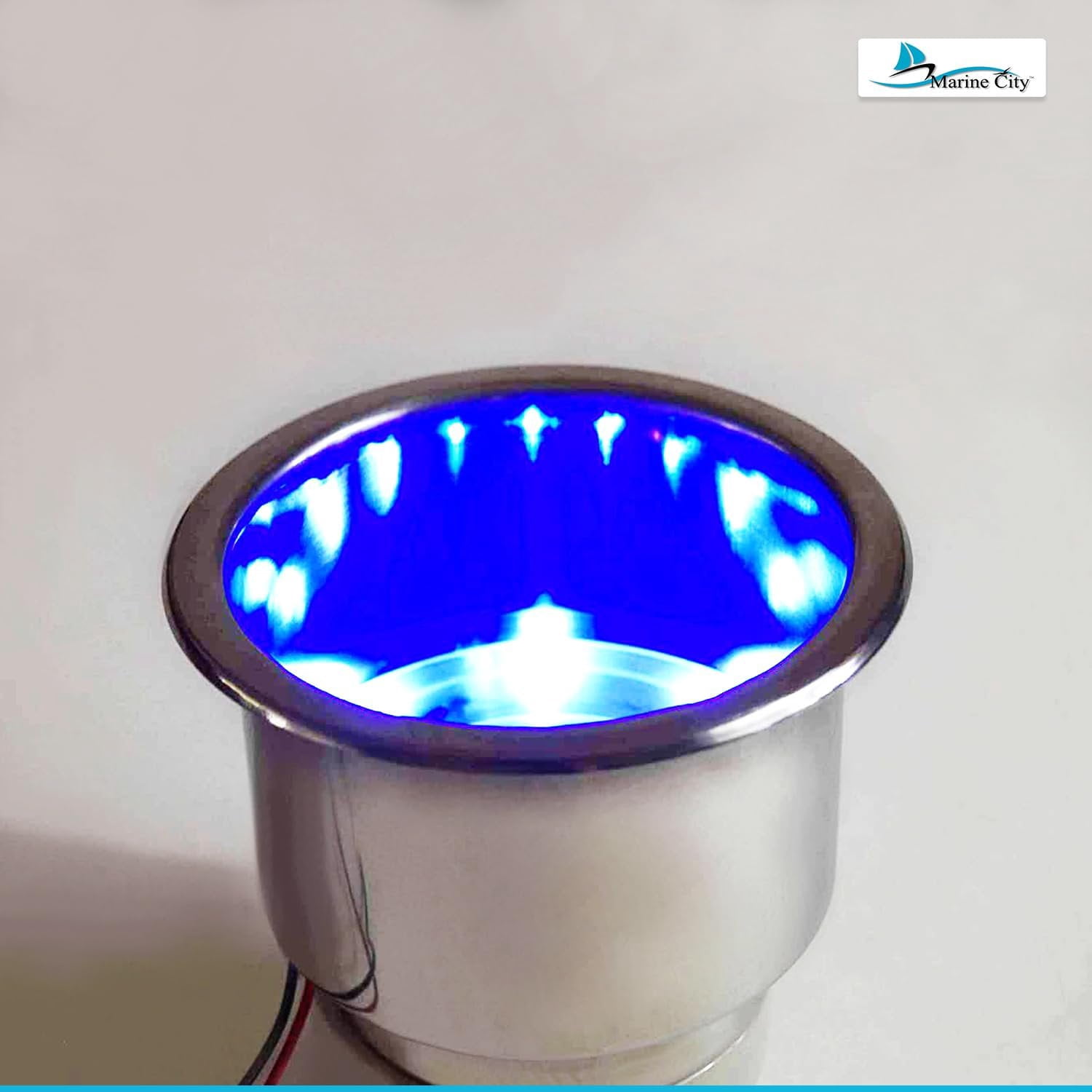 Marine City Drink Cup Holder with Drain, 304 Stainless Steel, 8 Blue LED Lights, Corrosion-Resistant Easy Installation, for Boats Yachts Ships Kayaks, 2-Pack