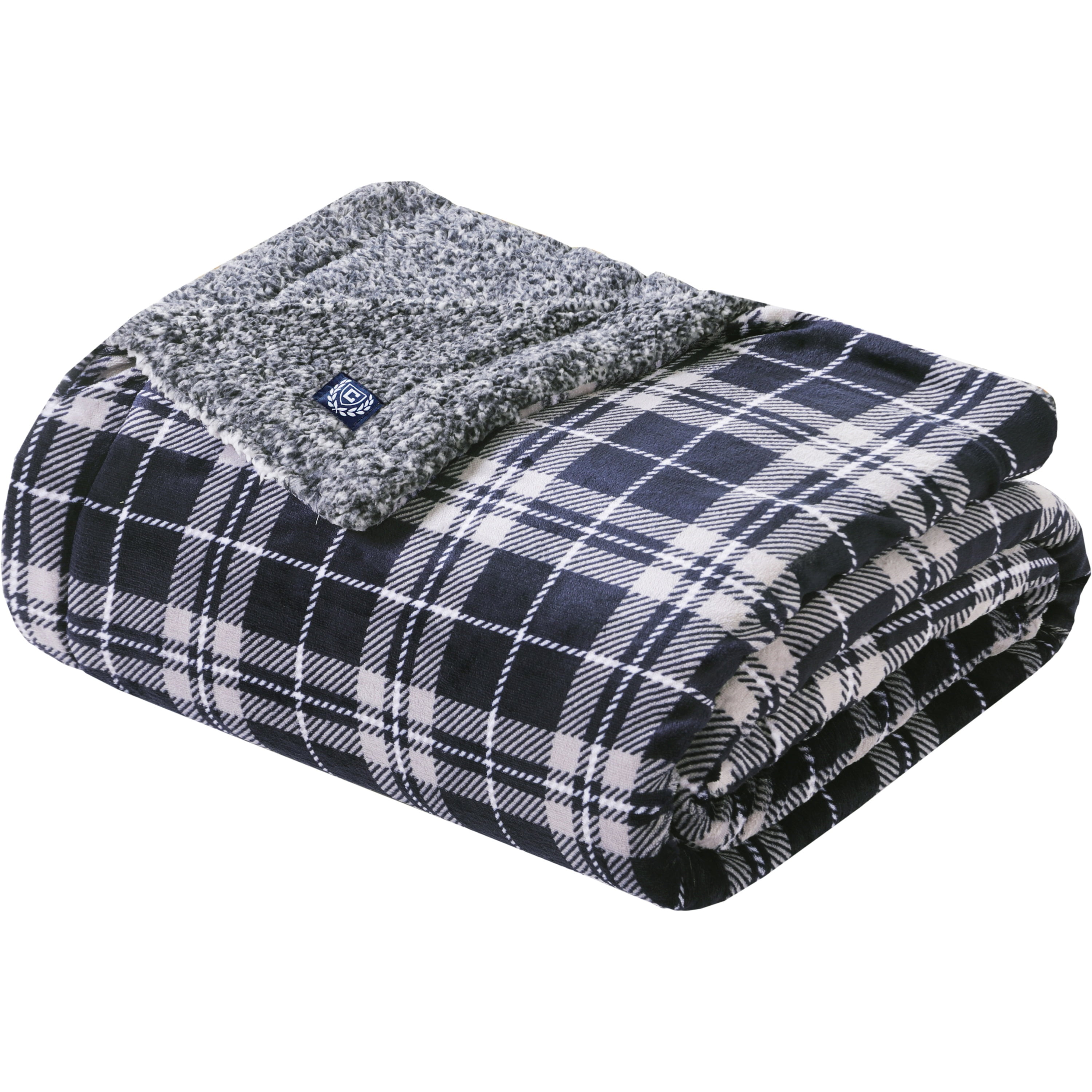 Chaps Sherpa Reverse to Plush Plaid Blanket Twin 60 X 90, Enamel Blue