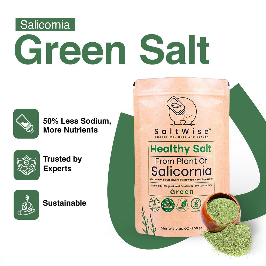 SaltWise Green Salt – 50% Less Sodium, Plant-Based Salt Substitute, 100% Dehydrated Salicornia, Umami (Pack of 2)