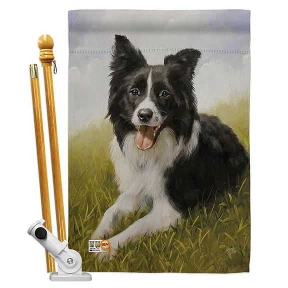 Breeze Decor BD-PT-HS-110077-IP-BO-D-US14-AL 28 x 40 in. Border Collie Nature Pets Impressions Decorative Vertical Double Sided House Flag Set & Pole Bracket Hardware