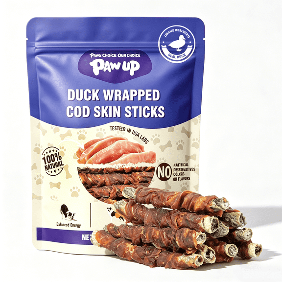 PAWUP Duck Wrapped Cod Dog Treats, Rawhide Free Long Lasting Chews for Dogs, Omega-3 Rich Dog Treats for Small Medium Large Dogs, 10.6oz