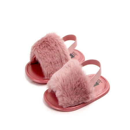 

Newborn Baby Girls Flat Sandals Faux Fur Toddler Infant Crib Shoes Slippers