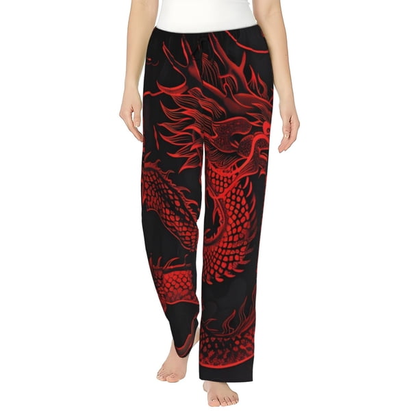 Balery Red Dragon On Black Pantalones de pijama para mujer, pijamas ultraligeros, pantalones de estar por casa-Small