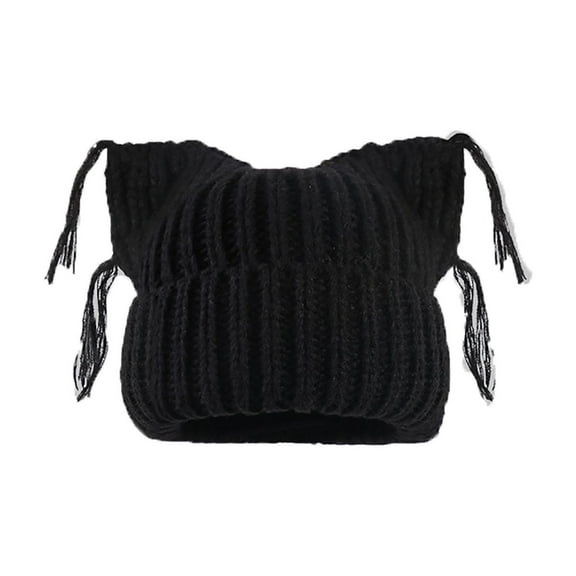 Xfvqtps Beanie Hats for Women Knitted Cute Cat Ears Tassels Y2K Cuffed Solid Color Personality Warm Winter Skull Cap Black