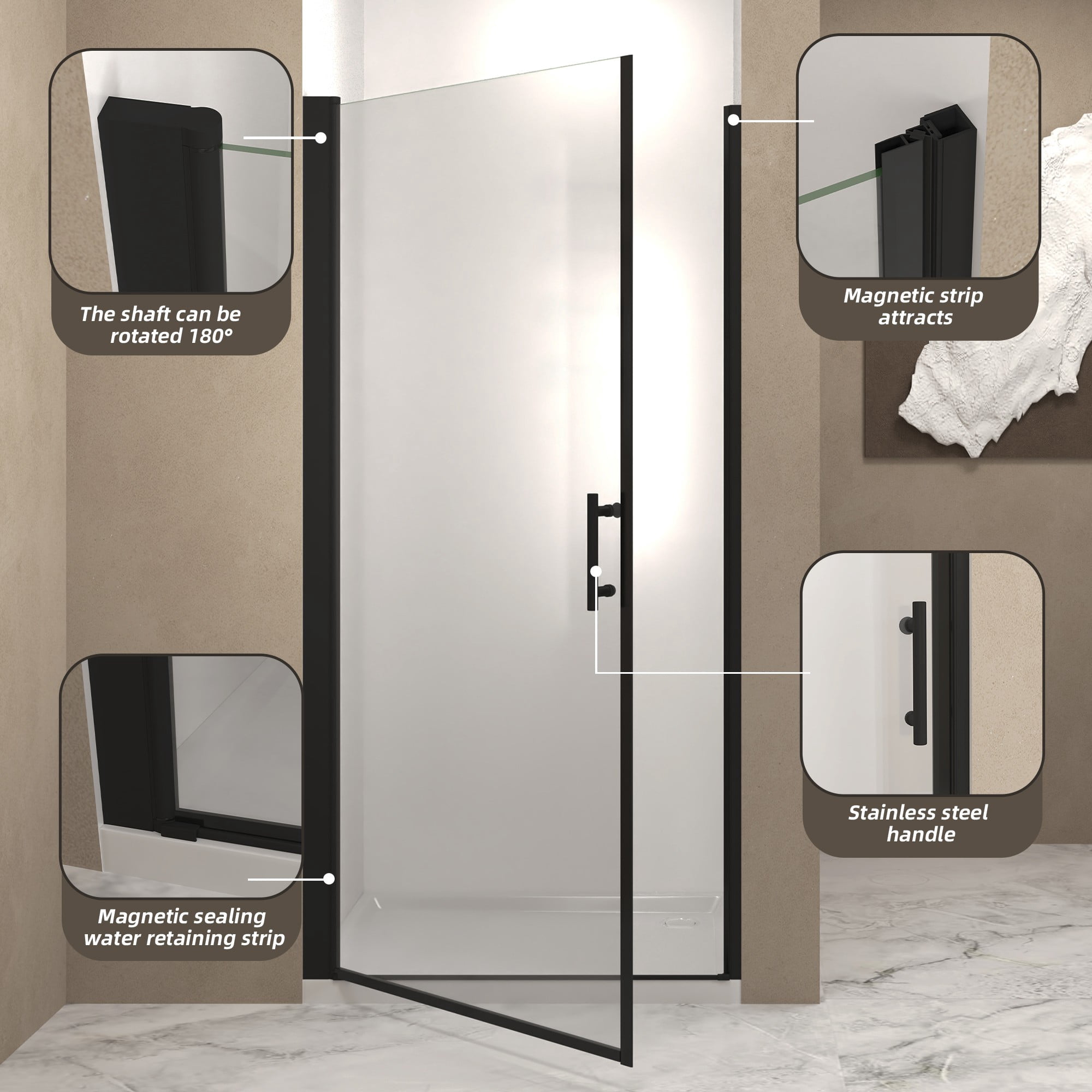 30"W x 72" Pivot Shower Door,Half Frame Shower Door,1/4" Transparent Glass,Matte Black Aluminum Frame