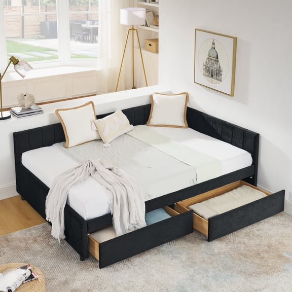 CKEASEAN Full Size Velvet Daybed with Storage Drawers, Modern Tufted Upholstered Sofa Day Bed Frame with Wood Slats & Armrests, No Box Spring Needed, Noise Free for Bedroom, Space Saving