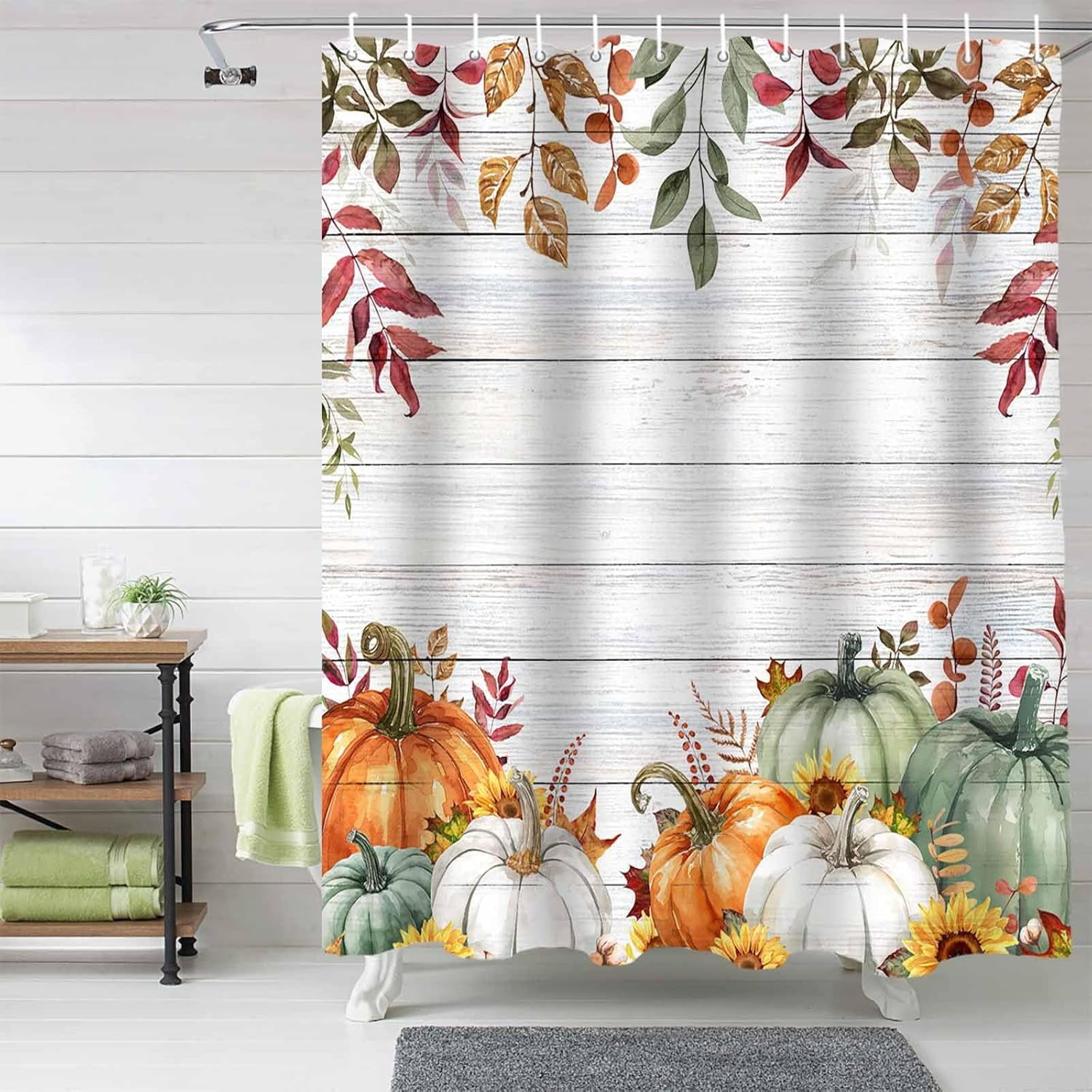 Fall Shower Curtain Sage Green Pumpkin Shower Curtains for Bathroom Sunflower Eucalyptus Leaves Wood Grain Bath Curtains Sets with Hooks for Autumn Thanksgiving Seasonal Decor Standard 72" X 72"