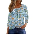 thumbnail image 2 of Njagoc3 Womens Yellow & Blue Floral Print Crew-Neck Top, Lightweight Rayon Blend, 3/4 Sleeves, Summer Outdoor Events, Casual Errands & Beach Trips, 2 of 6