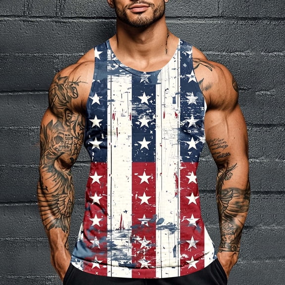 Zylanna Men's Sleeveless Muscle Shirt, Independence Day Print Moisture-Wicking Crew Neck Quick-Dry Gym wear Tank Tops for Sport Navy