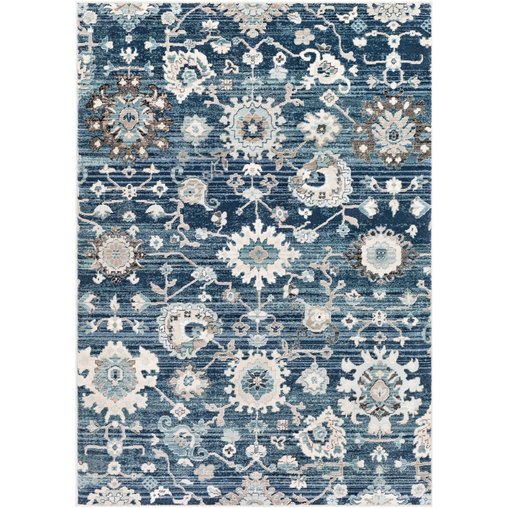 9’ x 12.3’ Floral Navy Blue and Gray Rectangular Area Throw Rug
