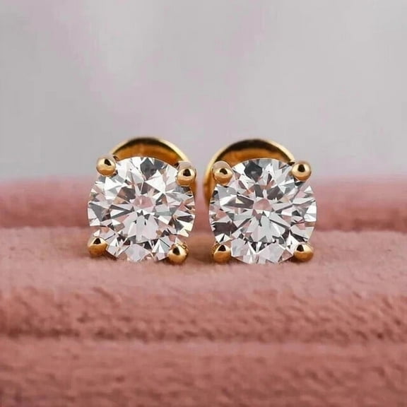ORLOV DIAMONDS 14K Yellow Gold Plated Round Cut Cubic Zirconia Solitaire Stud Earrings for Women Silver
