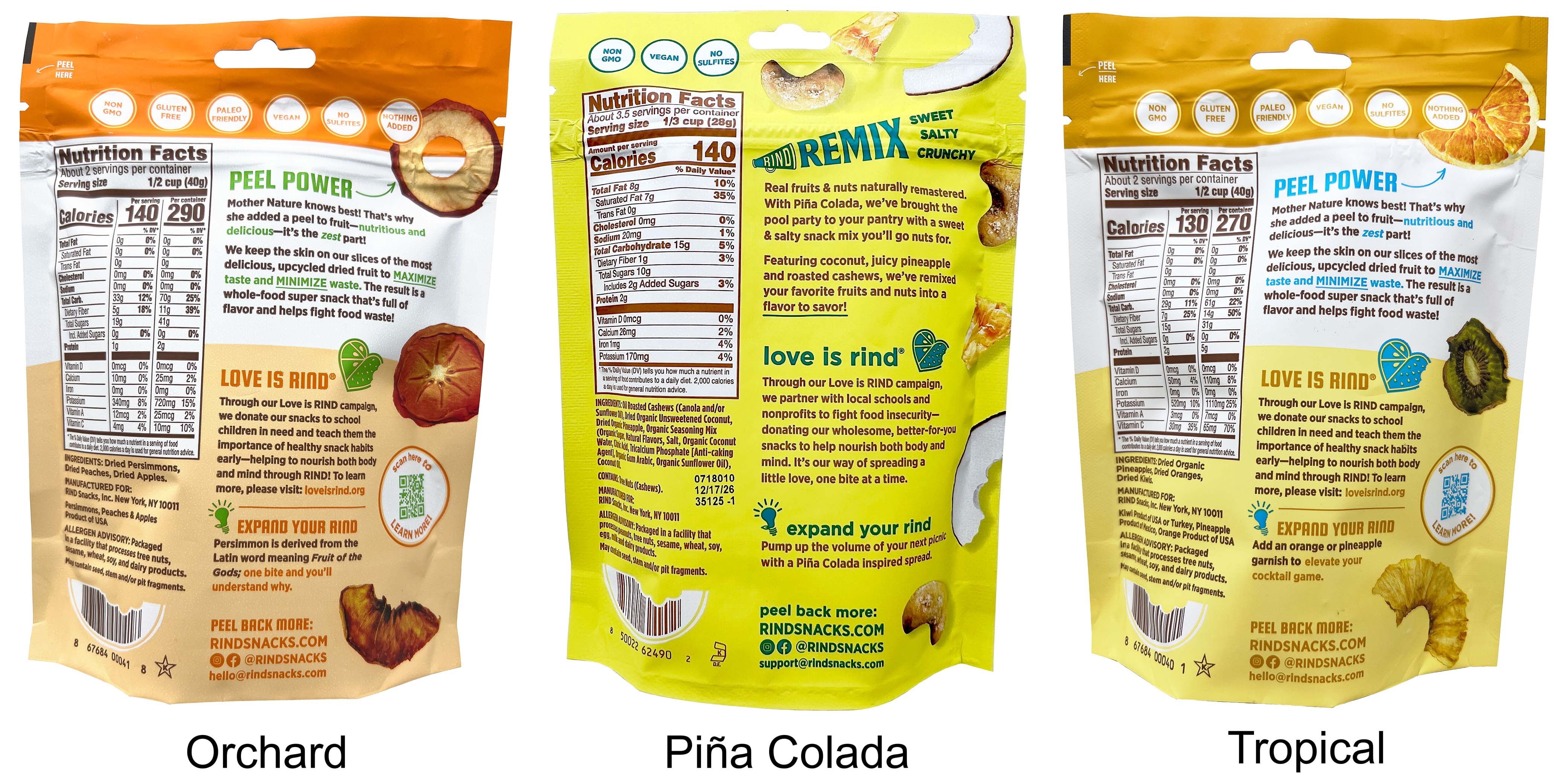 Rind Dried Real Fruits - 3 Flavors (1) Each: Orchard, Pina-Colada Nut Mix, Tropical | Shawhan Farms Chamoy & MerlinsMart Zine