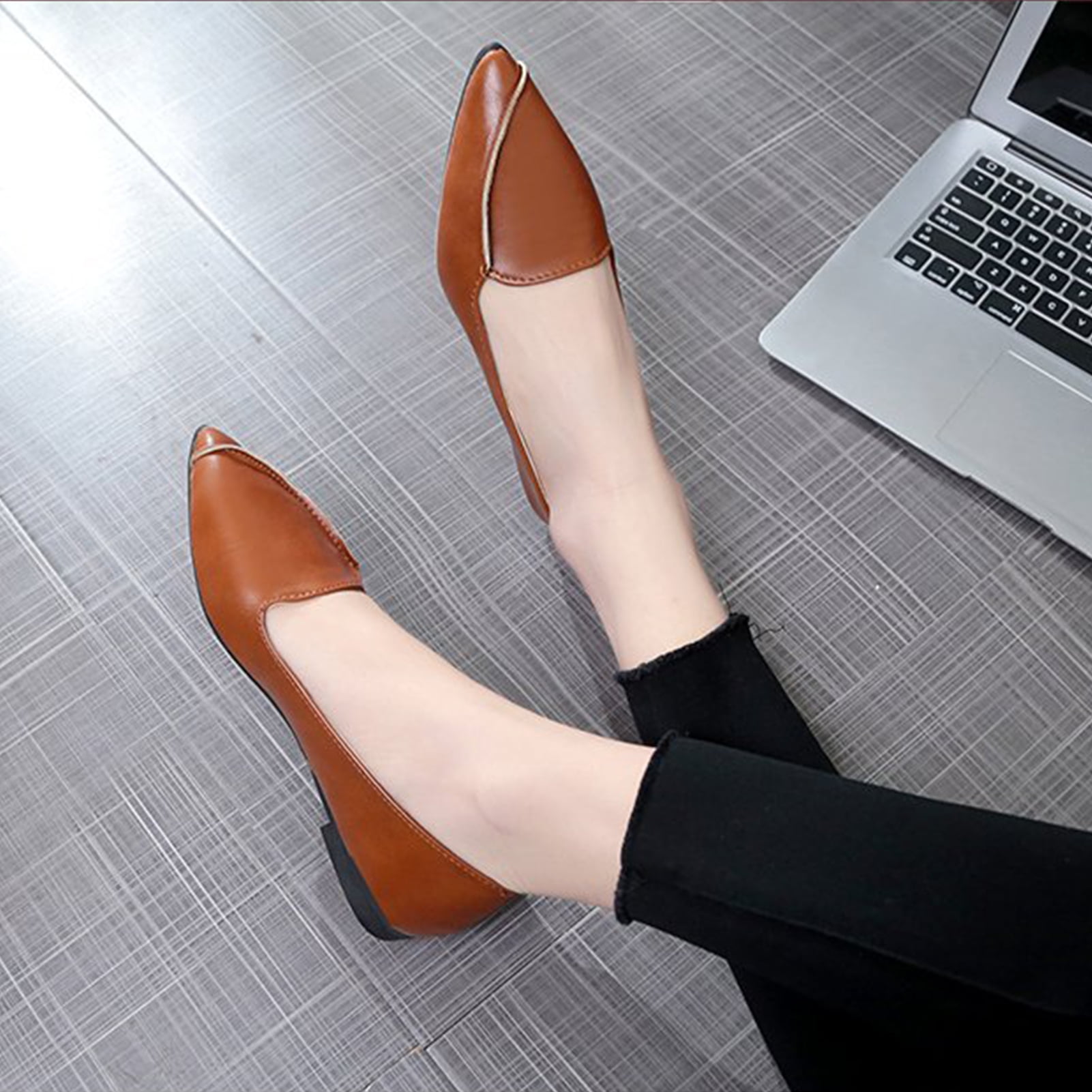 Women Casual Pointed Toe Shoes Slip On Wear Flat Type Faux Leather Rubber Soles